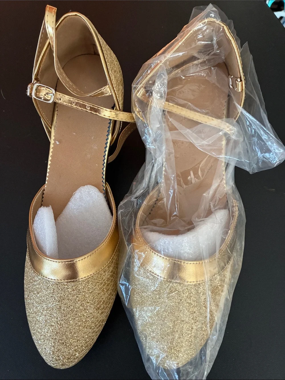 New Danuosi Gold Glitter Pointed-Toe Ankle Strap Flats